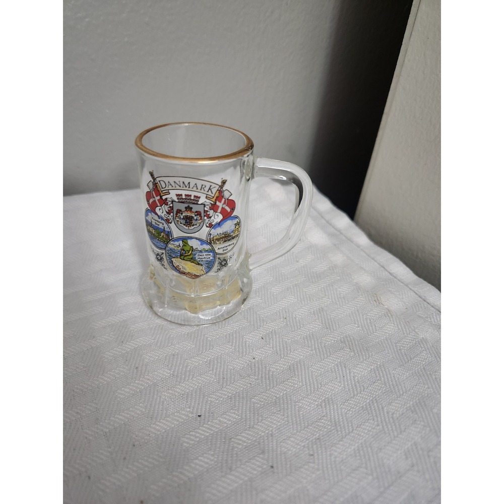 Vintage Danmark Denmark Souvenir Shot Glass Mini Beer Mug Gold Rim Landmarks